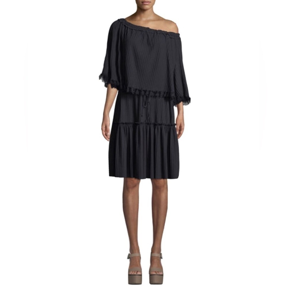 See by Chloe Tiered Plisse Self-Tie Shift Dress Navy Small